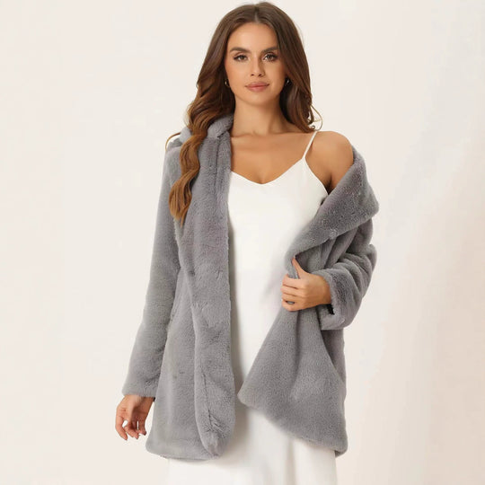 Damen Midilanger Kunstpelz‑Mantel mit softem Schalkragen und Eingrifftaschen Shop Nory
