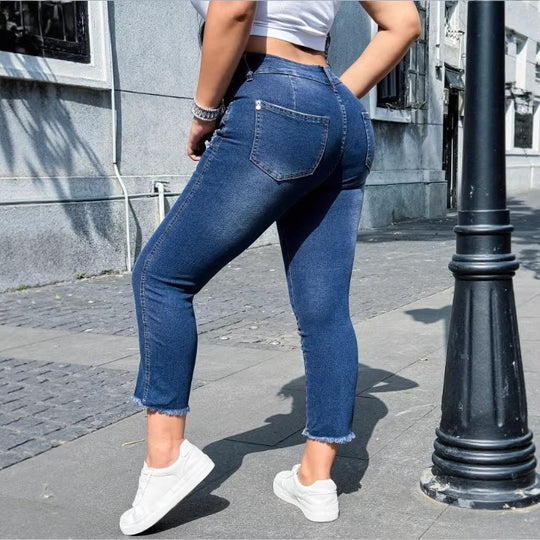 Damen Taillenhohe Cropped-Skinny-Jeans aus Superstretch-Denim mit doppelter Knopfleiste und rohem Fransen-Saum Shop Nory
