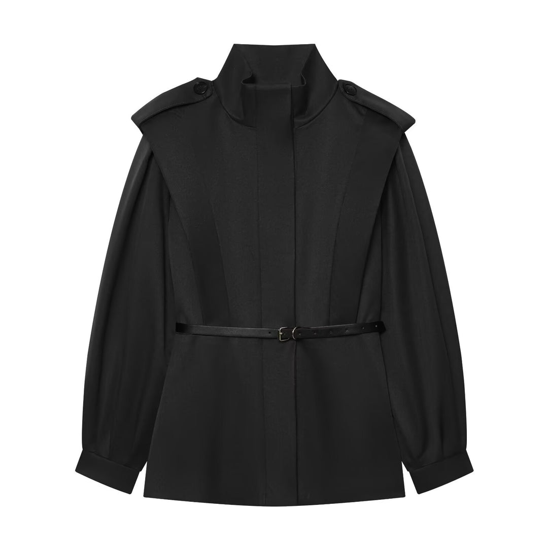Damen Kurzer Cape‑Trench mit hohem Funnelkragen und Taillengürtel Shop Nory