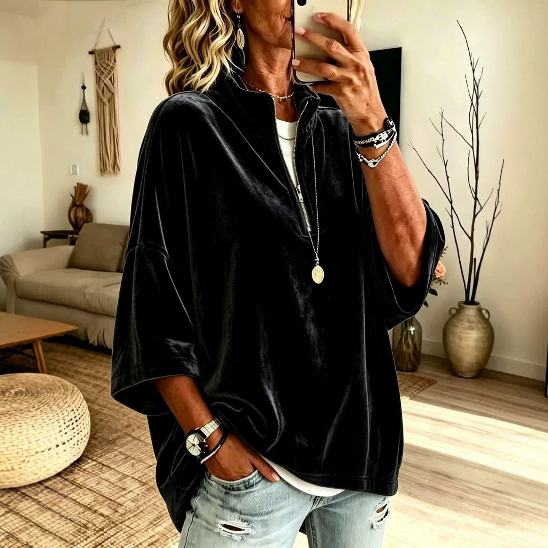 Damen Oversize Samt-Pullover mit kurzem Reißverschluss und Stehkragen Shop Nory
