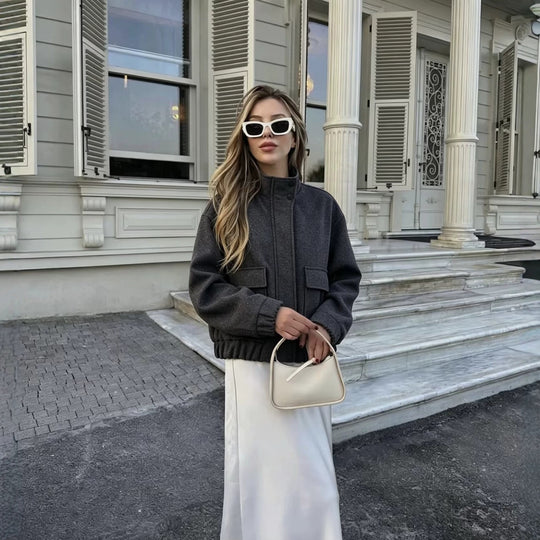 Damen Wollmix-Blousonjacke mit Stehkragen, großen Klappentaschen und elastischem Saum Shop Nory