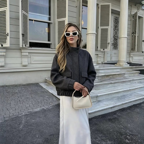 Damen Wollmix-Blousonjacke mit Stehkragen, großen Klappentaschen und elastischem Saum Shop Nory