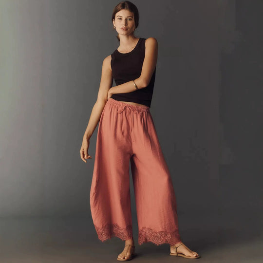 Damen Weite Palazzo-Hose mit elastischem Tunnelzugbund und Spitzenbesatz Shop Nory
