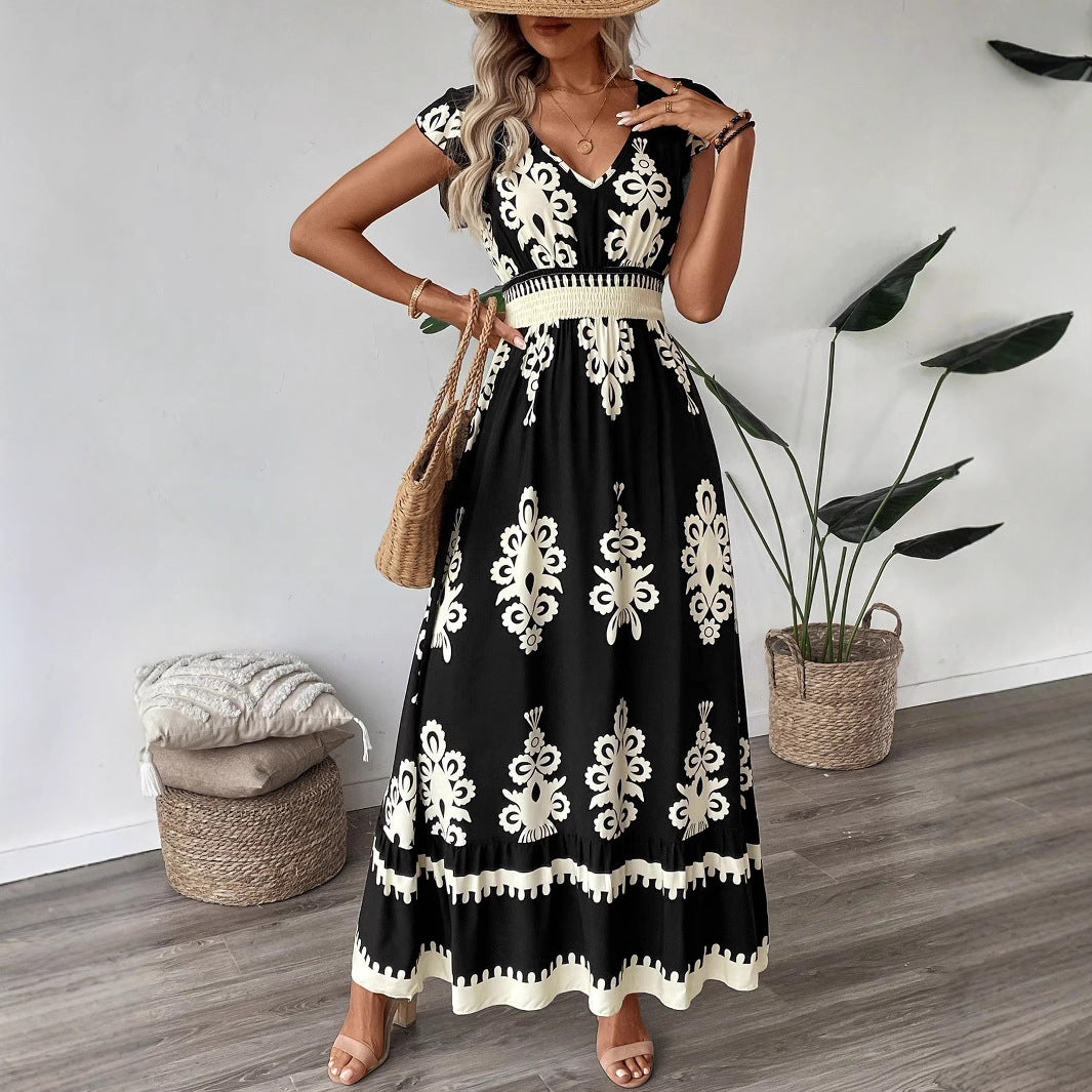 Damen Boho-Langkleid mit V‑Ausschnitt, tailliertem Stretch-Bund und kontrastierendem Ornamentdruck Shop Nory