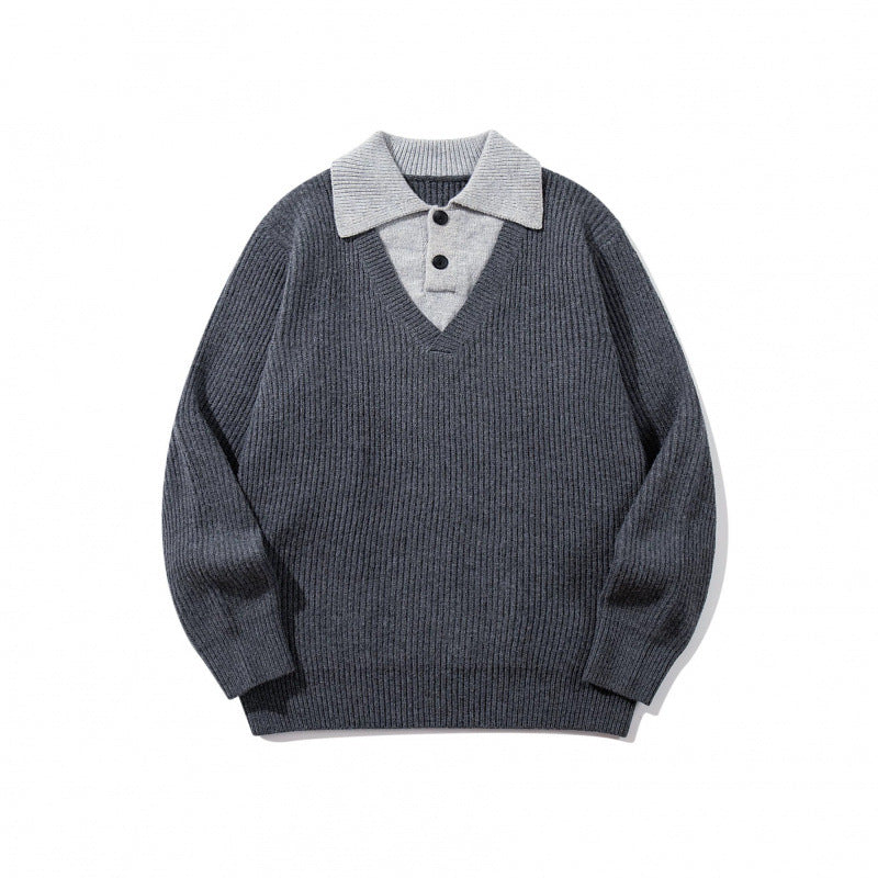 Unisex Grobstrick-Kastenpullover mit V-Ausschnitt und kontrastierendem Polo-Knopfkragen Shop Nory