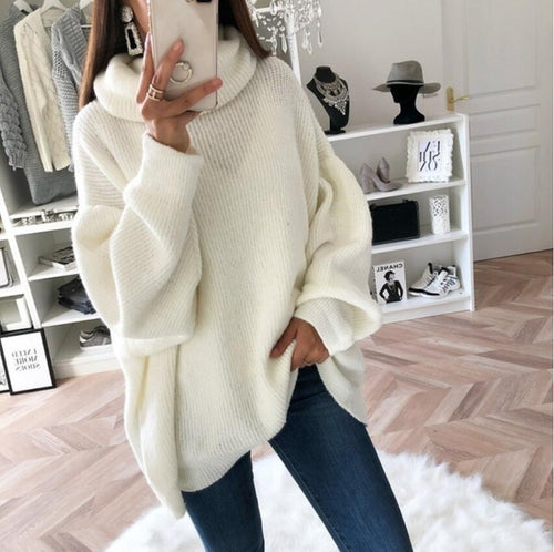 Damen Oversize Strickpullover mit hohem Rollkragen, lässiger Tunika‑Länge und Ballonärmeln Shop Nory