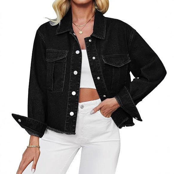 Damen Kurz geschnittene Oversize-Jeansjacke mit rohem Saum und aufgesetzten Brusttaschen Shop Nory