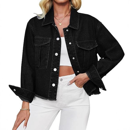 Damen Kurz geschnittene Oversize-Jeansjacke mit rohem Saum und aufgesetzten Brusttaschen Shop Nory
