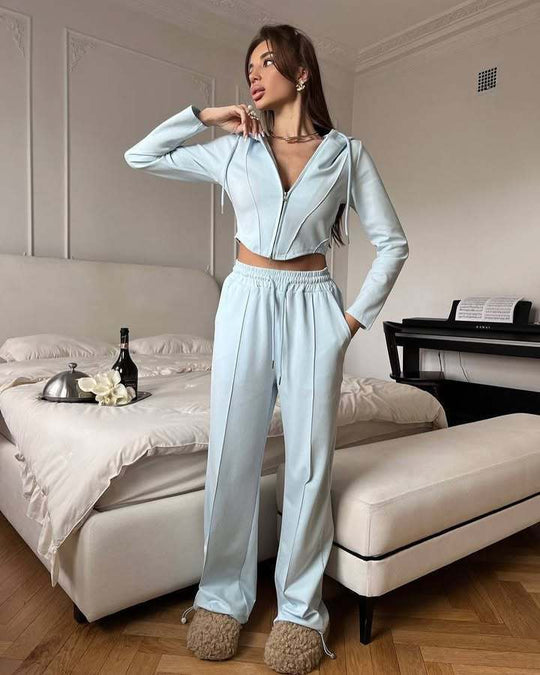 Damen tailliertes Cropped-Kapuzensweatshirt mit verdecktem Reißverschluss und High-Waist Wide-Leg Jogginghose Set Shop Nory