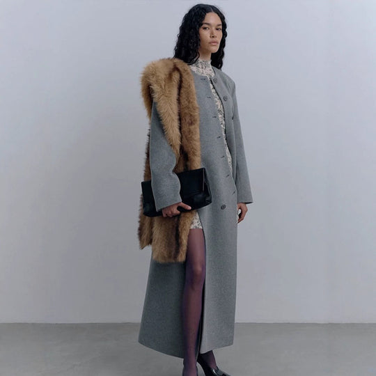 Damen Langer taillierter Wollmix-Mantel mit Rundhalsausschnitt und asymmetrischer Knopfleiste Shop Nory