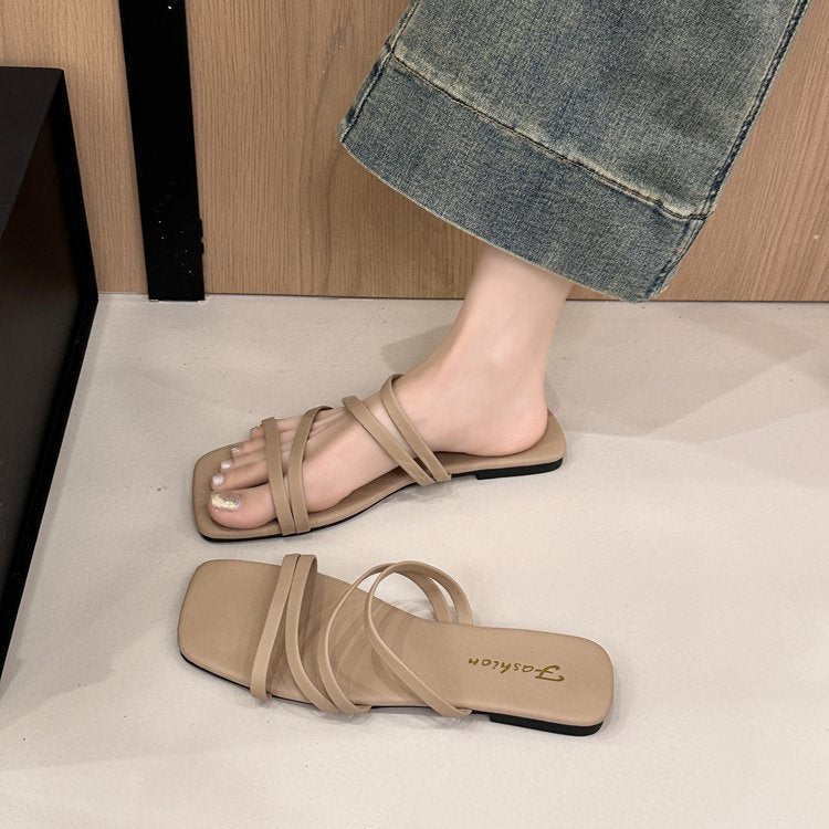 Damen flache Riemchen-Sandalen mit quadratischer Spitze