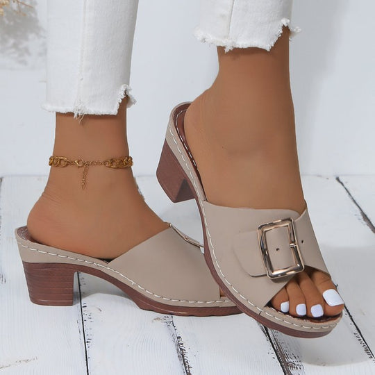 Damen Offene Slip-On Mules mit mittelhohem Blockabsatz und großer Zierschnalle Shop Nory
