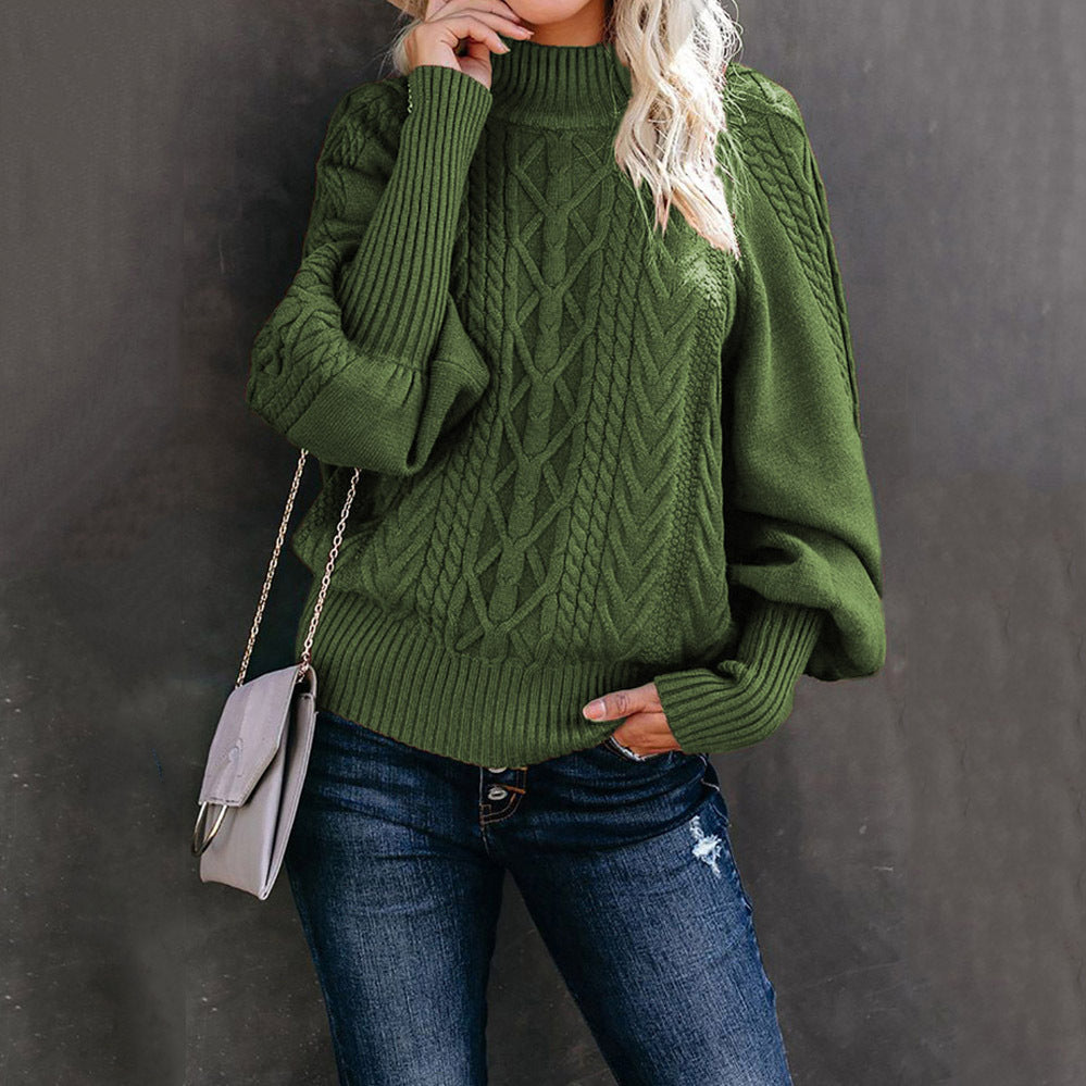 Damen Grobstrick-Pullover mit Zopfmuster, Stehkragen und Ballonärmeln Shop Nory