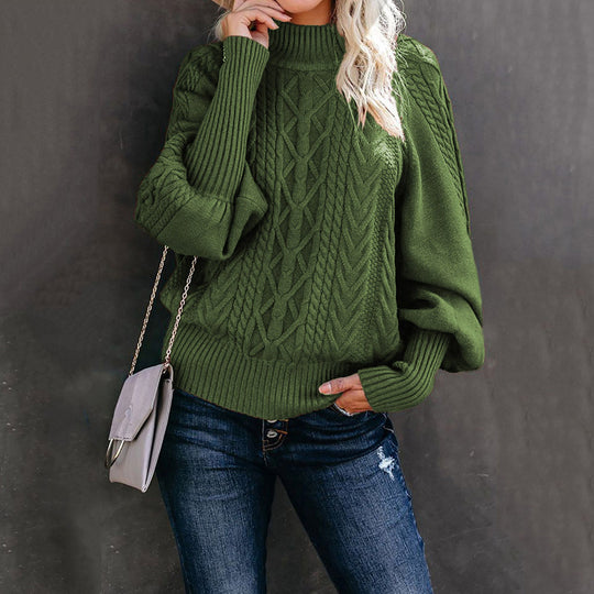 Damen Grobstrick-Pullover mit Zopfmuster, Stehkragen und Ballonärmeln Shop Nory