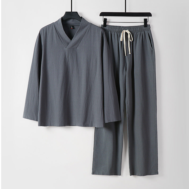 Unisex Zen-inspiriertes Leichtes Loungewear-Set mit V-Ausschnitt-Shirt und Elastischer Kordelbund-Hose Shop Nory