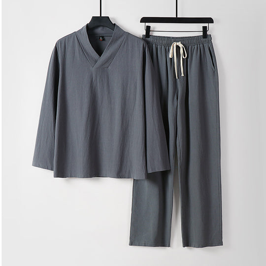 Unisex Zen-inspiriertes Leichtes Loungewear-Set mit V-Ausschnitt-Shirt und Elastischer Kordelbund-Hose Shop Nory