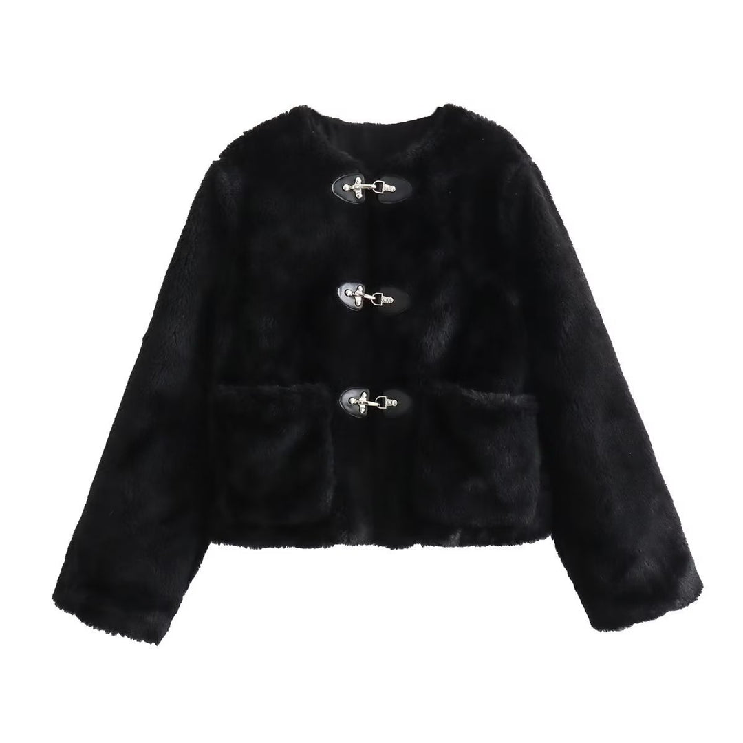 Damen Kurz geschnittene Teddyjacke mit Knebelverschlüssen und aufgesetzten Taschen Shop Nory