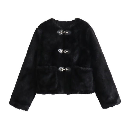 Damen Kurz geschnittene Teddyjacke mit Knebelverschlüssen und aufgesetzten Taschen Shop Nory