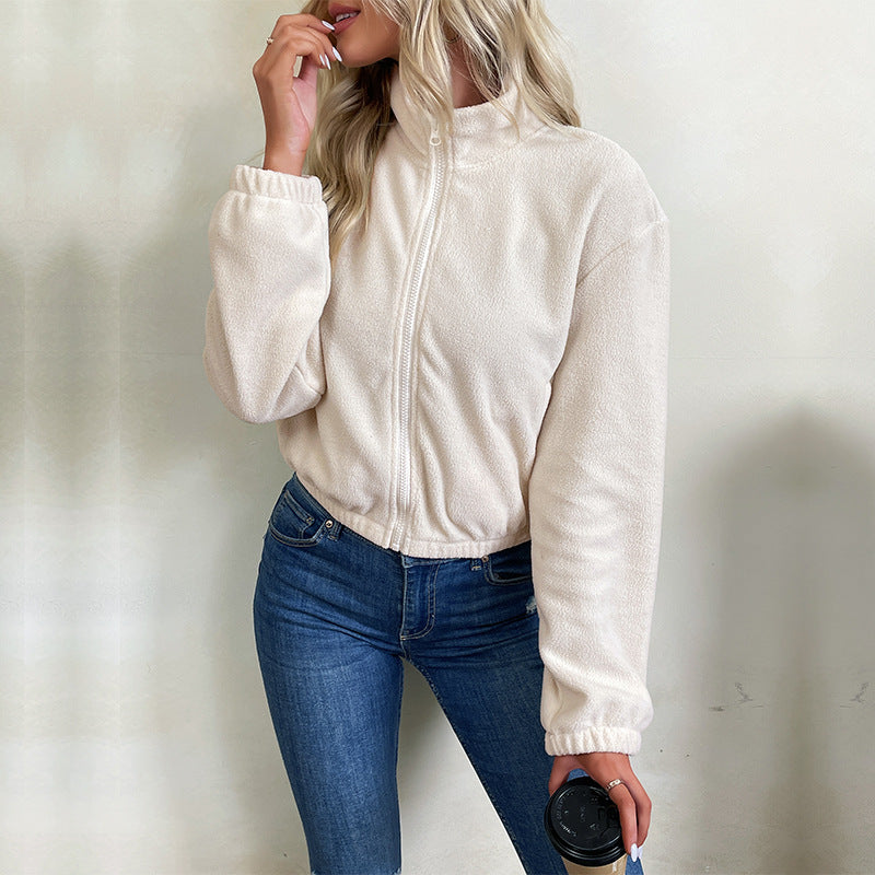 Damen Kurz geschnittene Fleece-Zipjacke mit Stehkragen und elastischem Saum Shop Nory