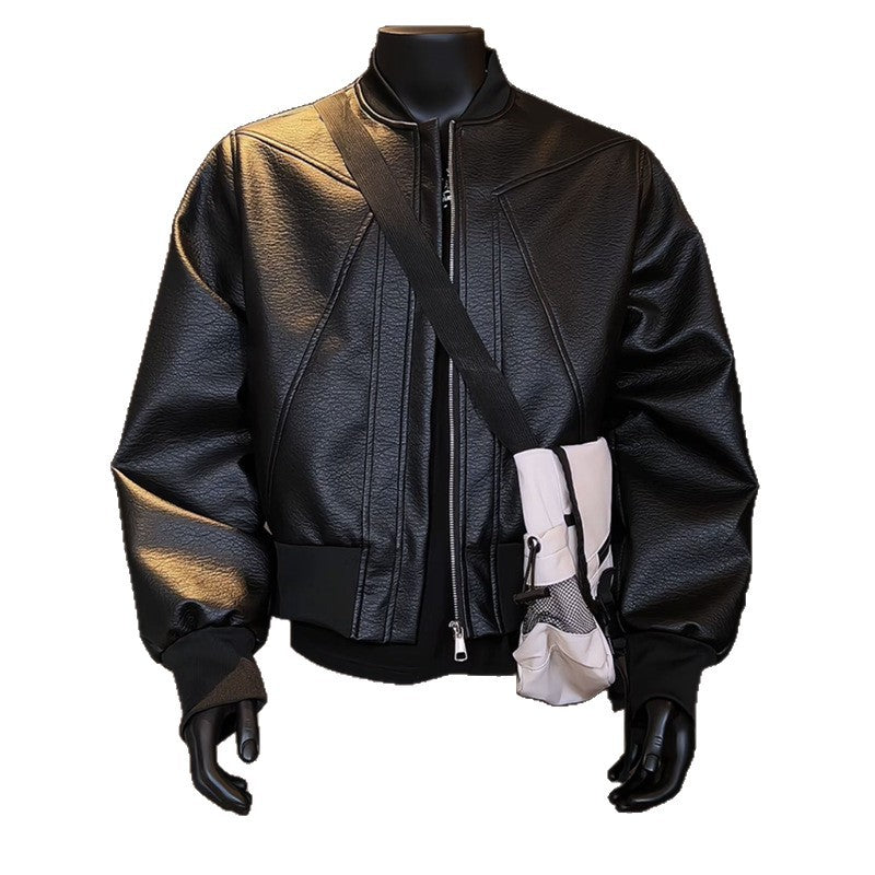 Herren taillierte Bomberjacke aus strukturierter Kunstlederoptik mit Stehkragen und Reißverschluss Shop Nory