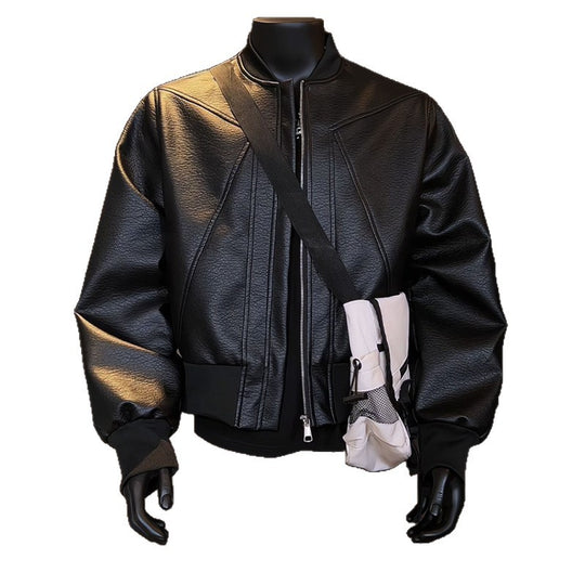 Herren taillierte Bomberjacke aus strukturierter Kunstlederoptik mit Stehkragen und Reißverschluss Shop Nory