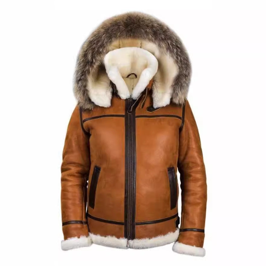 Herren Lammfell-Bomberjacke im Aviator-Stil mit Kapuze und Kontrastlederbesatz Shop Nory