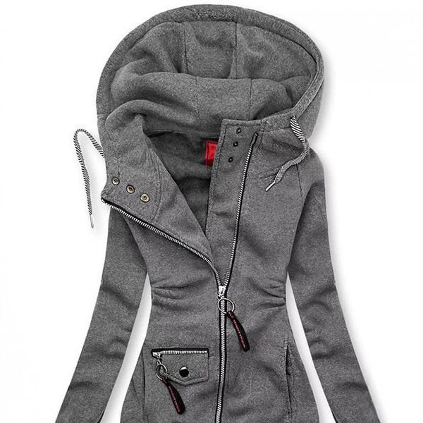 Damen Lange Kapuzenjacke mit asymmetrischem Reißverschluss und Zip‑Tasche Shop Nory