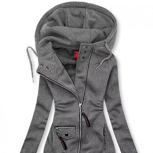 Damen Lange Kapuzenjacke mit asymmetrischem Reißverschluss und Zip‑Tasche Shop Nory