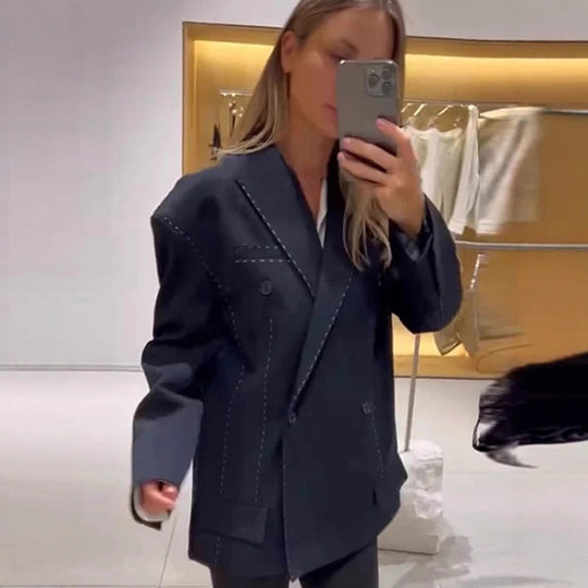 Damen Oversized Zweiteiler Boxy-Sakko und weite Bundfaltenhose mit Ziersteppnähten Shop Nory