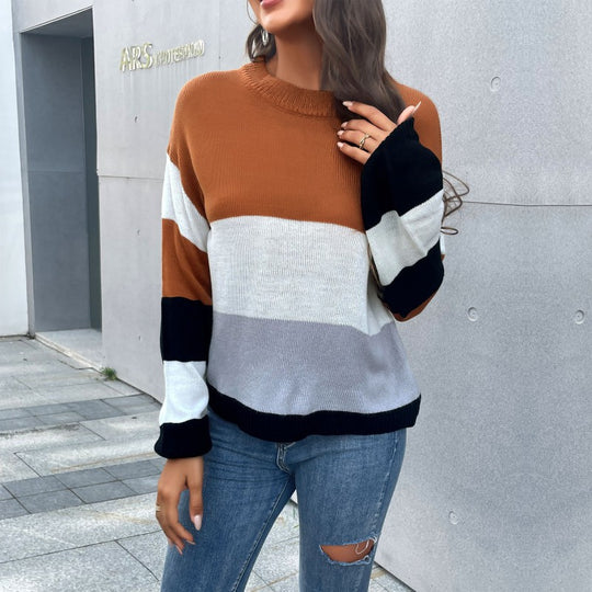 Damen Oversize-Blockstreifen-Strickpullover mit weitem Trompetenärmel Shop Nory