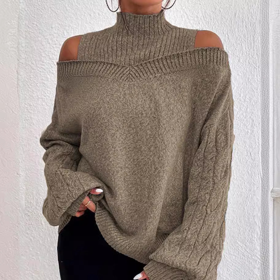 Damen nan schulterfreier Strickpullover mit Stehkragen und Zopfmusterärmeln Shop Nory