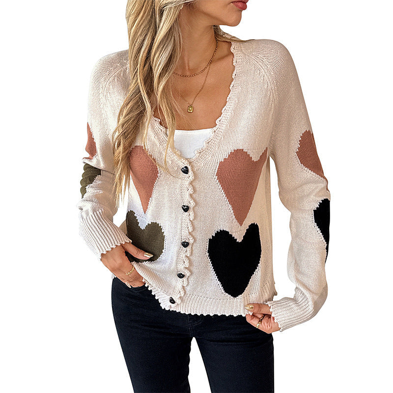 Damen Gestrickter V-Ausschnitt-Cardigan mit Herzintarsien und gewellter Kante Shop Nory