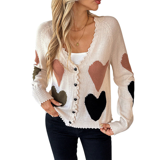 Damen Gestrickter V-Ausschnitt-Cardigan mit Herzintarsien und gewellter Kante Shop Nory