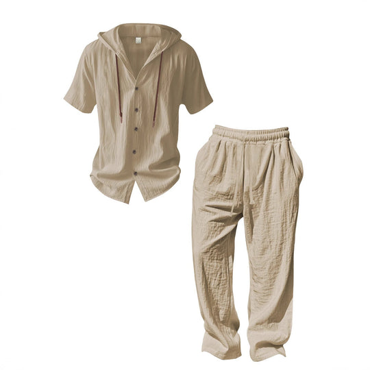 Herren nan luftiges Leinen-Lounge-Set mit kurzärmeligem Kapuzenhemd und gerader Relaxhose