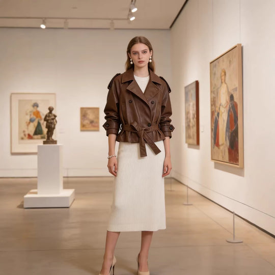 Damen Cropped Doppelreihiger Kunstleder-Trench mit Taillengürtel und Schulterpatten Shop Nory