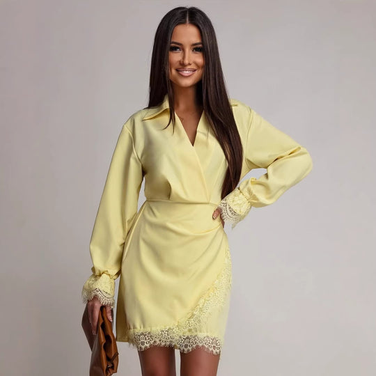 Damen Figurbetontes Wickel-Minikleid mit Spitzenbesatz und Hemdkragen Shop Nory