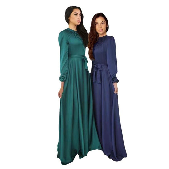Damen Maxikleid aus fließendem Satin mit Stehkragen und Bindegürtel Shop Nory