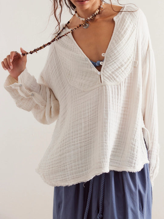 Damen Leichte Baumwoll-Gauze Bluse mit Henley-Ausschnitt Shop Nory