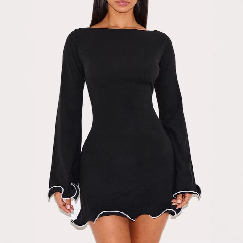 Damen Figurbetontes Minikleid mit U-Boot-Ausschnitt, Glockenärmeln und kontrastierendem Wellensaum Shop Nory