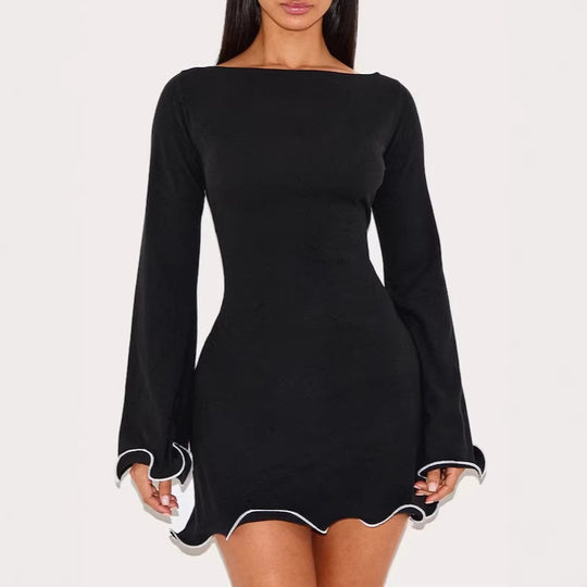 Damen Figurbetontes Minikleid mit U-Boot-Ausschnitt, Glockenärmeln und kontrastierendem Wellensaum Shop Nory