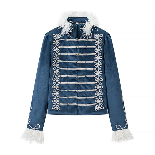 Damen Samt‑Militärjacke mit Zierriegeln und Federbesatz Shop Nory