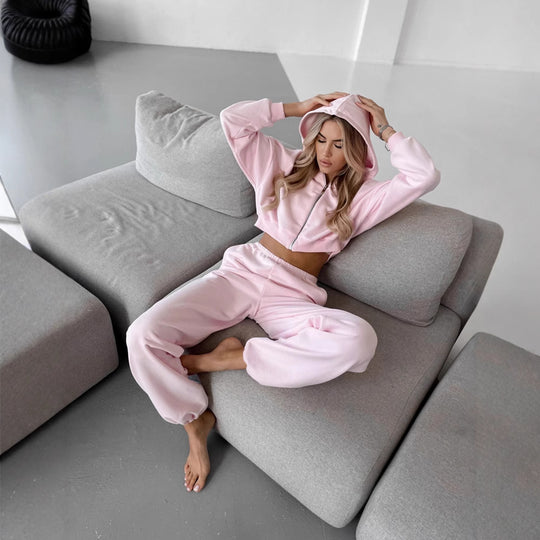 Damen Zweiteiliges Cropped-Zip-Hoodie Set mit taillenhoher Relax-Jogginghose und elastischem Bund Shop Nory