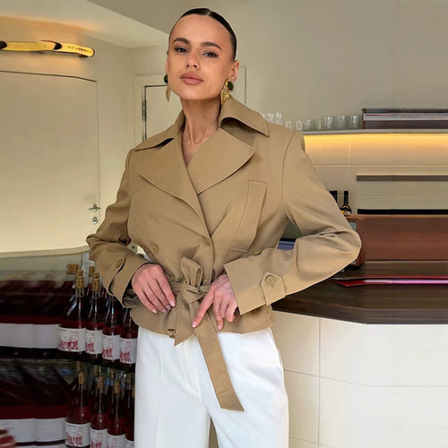 Damen Tailliertes Trench-Set mit Schößchen, Bindegürtel & Bleistiftrock Shop Nory