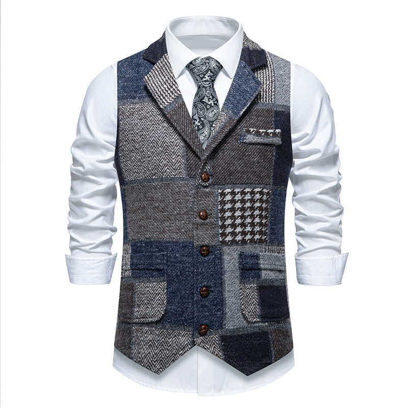 Herren Patchwork Weste mit Reverskragen Knopfleiste und aufgesetzten Taschen Shop Nory