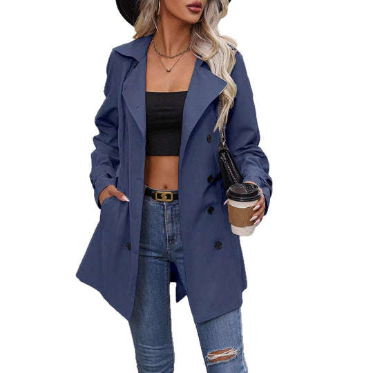 Damen Kurzer Trenchcoat mit doppelreihiger Knopfleiste und markantem Reverskragen Shop Nory
