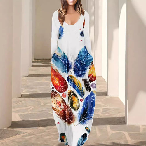 Damen Fließendes Maxikleid mit auffälligem Federmotiv, tiefem Rundhalsausschnitt und Seitentaschen Shop Nory