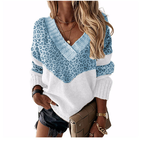 Damen V‑Ausschnitt Strickpullover mit Leo‑Print und Colorblock‑Design Shop Nory