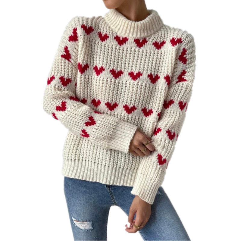 Damen nan Grobstrickpullover mit eingestrickten Herzmotiven, hohem Stehkragen und lässiger Oversize-Silhouette Shop Nory