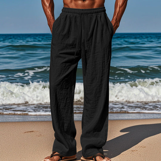 Herren nan luftige Strandhose aus Baumwoll-Leinen mit Tunnelzug und Seitentaschen