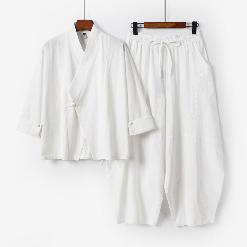 Herren Minimalistisches Kimono-Lounge-Set aus atmungsaktivem Baumwollmix mit ballonförmiger Bundhose Shop Nory